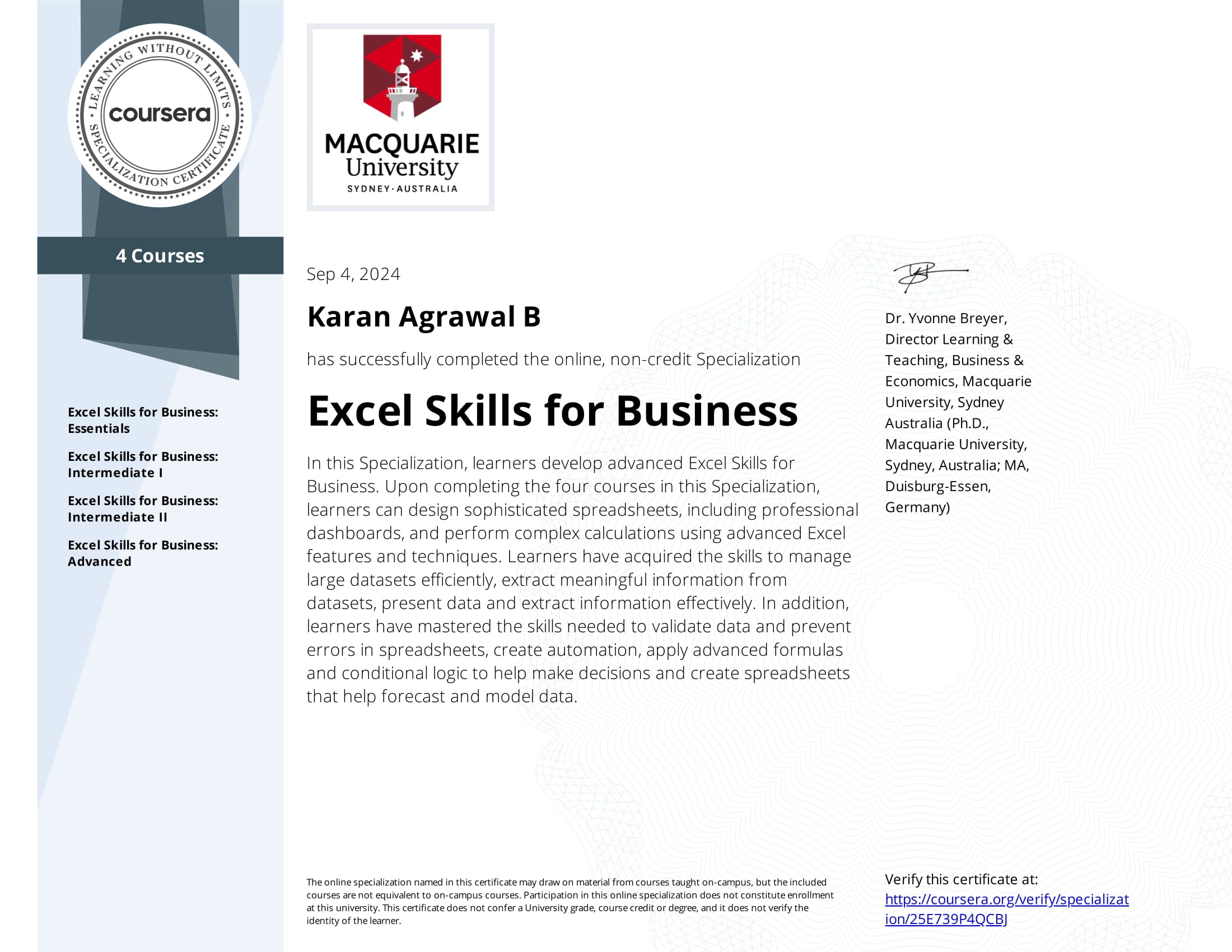 Excel Skills for Business Certificate